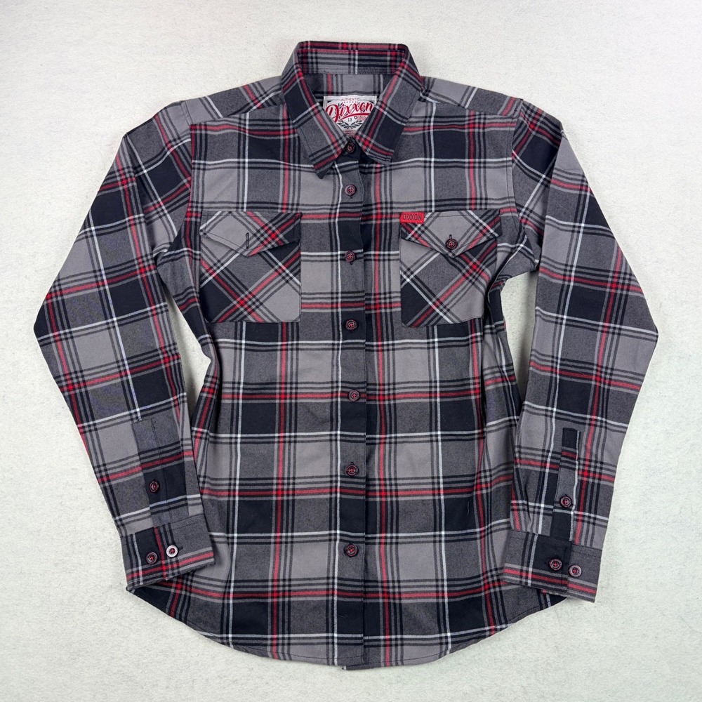 Dixxon Flannel Co Heritage Plaid Button Down Shirt Grey Black Red Womens Large